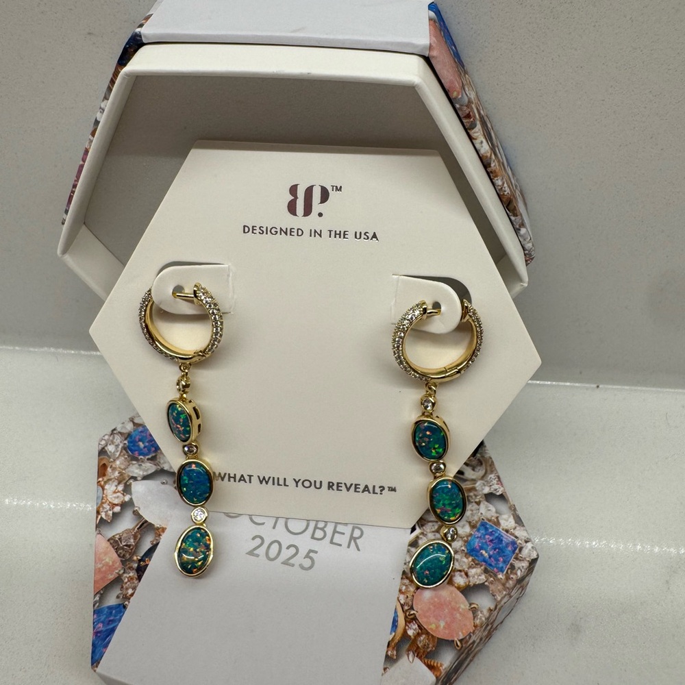 **UNICORN Gold and Teal Fire Opal Drop Earrings